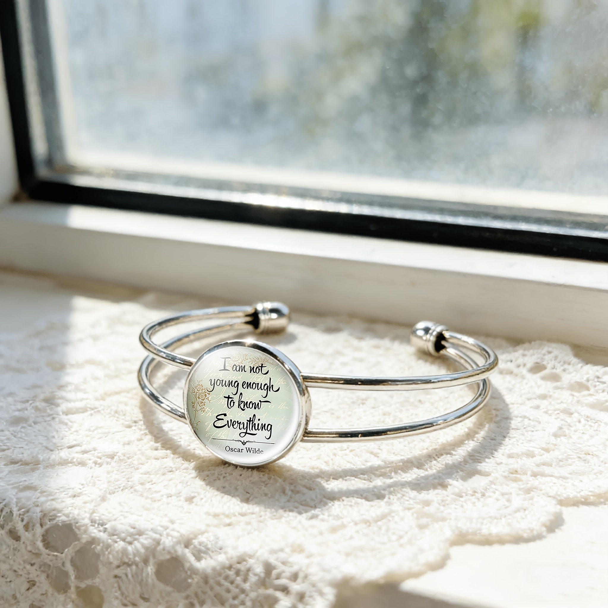 Adjustable Open Bangle with Round Time Gemstone Inlay, Handwritten Design